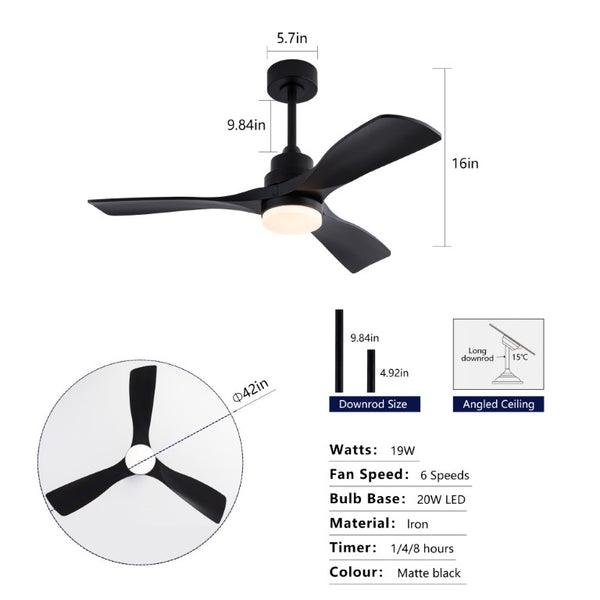 English Elm Hot 42 Inch Matte Black Ceiling Fan with LED Light Remote Walnut Blades Farmhouse Modern Black - B W2991P406950