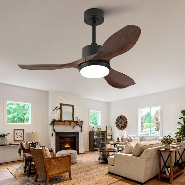 English Elm Hot 42 Inch Matte Black Ceiling Fan Dimmable LED Walnut Blades DC Motor Remote W2991P407013