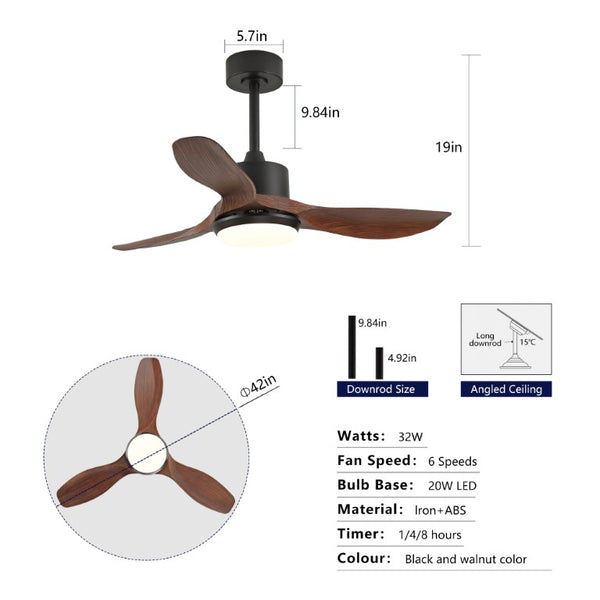 English Elm Hot 42 Inch Matte Black Ceiling Fan Dimmable LED Walnut Blades DC Motor Remote W2991P407013