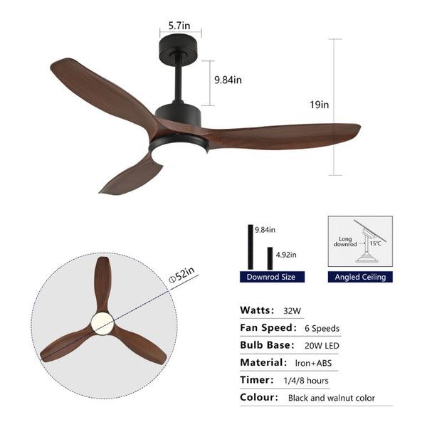 English Elm Hot 52 Inch Matte Black Ceiling Fan Dimmable LED Walnut Blades Quiet DC Motor W2991P407014
