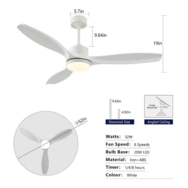English Elm Best-Selling 52 Inch White Ceiling Fan Dimmable LED DC Motor Remote Six Speed Control W2991P407016