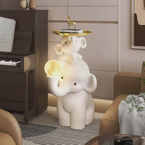 English Elm Elephant Sculptural Resin Side Table Dual Alloy Trays Eclectic Accent for Any Room W2991P407569