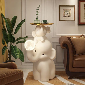 English Elm Elephant Sculptural Resin Side Table Dual Alloy Trays Eclectic Accent for Any Room W2991P407569