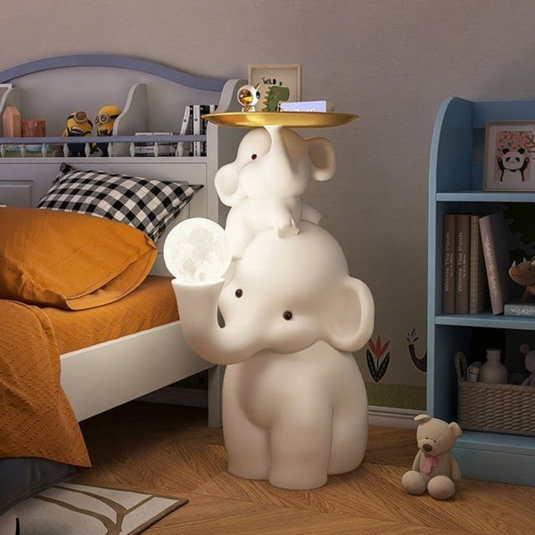 English Elm Elephant Sculptural Resin Side Table Dual Alloy Trays Eclectic Accent for Any Room W2991P407569