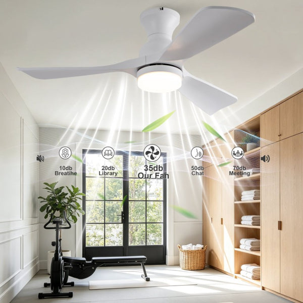 English Elm 42-Inch Flush Mount Ceiling Fan with Dimmable LED Light Remote and Six Speed DC Motor White W2991P494019