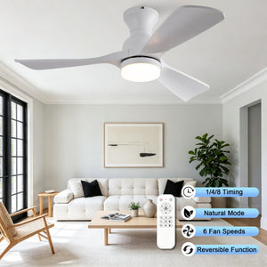 English Elm 42-Inch Flush Mount Ceiling Fan with Dimmable LED Light Remote and Six Speed DC Motor White W2991P494019