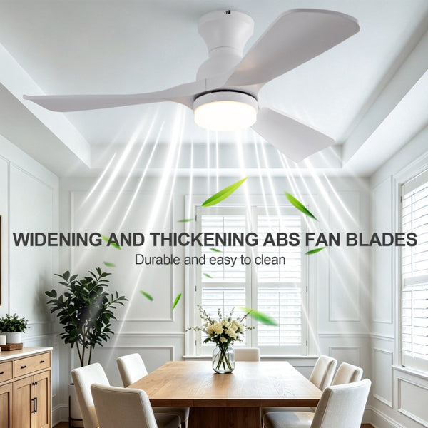 English Elm 42-Inch Flush Mount Ceiling Fan with Dimmable LED Light Remote and Six Speed DC Motor White W2991P494019