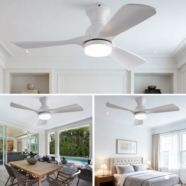English Elm 42-Inch Flush Mount Ceiling Fan with Dimmable LED Light Remote and Six Speed DC Motor White W2991P494019