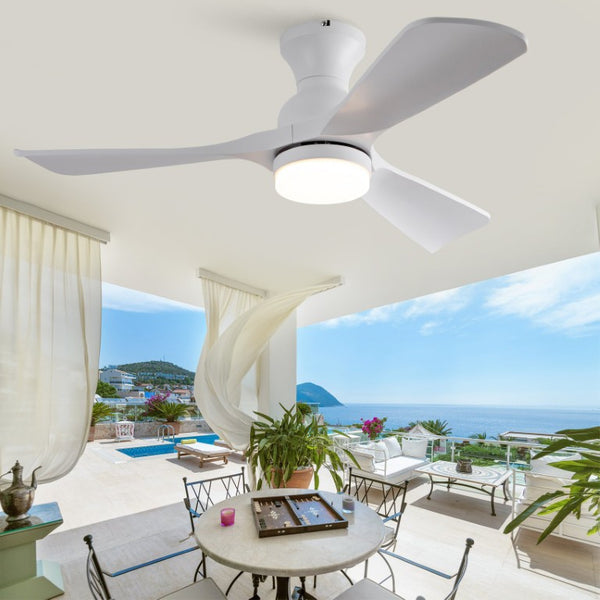 English Elm 42-Inch Flush Mount Ceiling Fan with Dimmable LED Light Remote and Six Speed DC Motor White W2991P494019