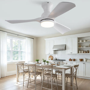 English Elm 42-Inch Flush Mount Ceiling Fan with Dimmable LED Light Remote and Six Speed DC Motor White W2991P494019
