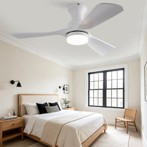 English Elm 42-Inch Flush Mount Ceiling Fan with Dimmable LED Light Remote and Six Speed DC Motor White W2991P494019
