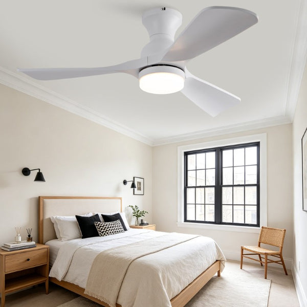English Elm 42-Inch Flush Mount Ceiling Fan with Dimmable LED Light Remote and Six Speed DC Motor White W2991P494019