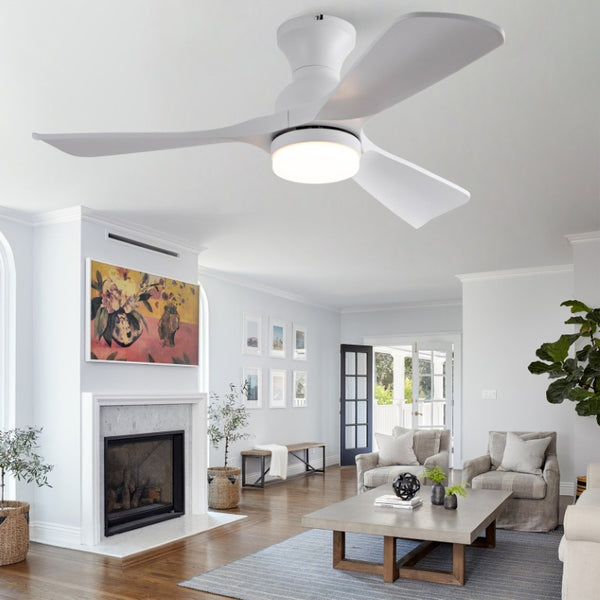 English Elm 42-Inch Flush Mount Ceiling Fan with Dimmable LED Light Remote and Six Speed DC Motor White W2991P494019