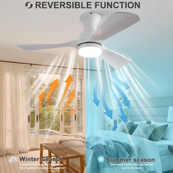 English Elm 42-Inch Flush Mount Ceiling Fan with Dimmable LED Light Remote and Six Speed DC Motor White W2991P494019