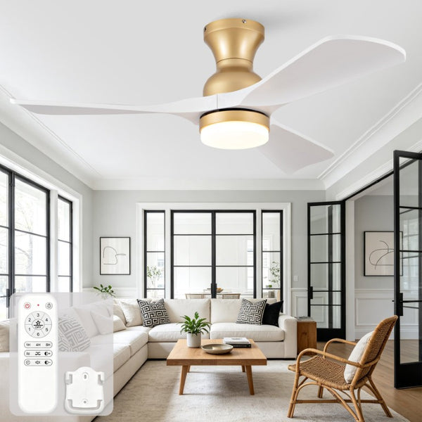 English Elm 42-Inch Flush Mount Ceiling Fan with Dimmable LED Light Remote and Six Speed DC Motor Gold+White W2991P494031
