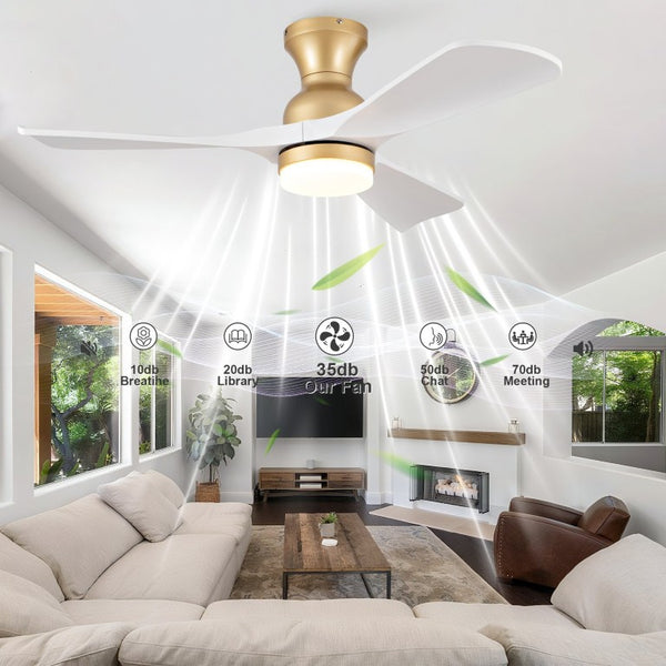 English Elm 42-Inch Flush Mount Ceiling Fan with Dimmable LED Light Remote and Six Speed DC Motor Gold+White W2991P494031