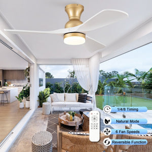English Elm 42-Inch Flush Mount Ceiling Fan with Dimmable LED Light Remote and Six Speed DC Motor Gold+White W2991P494031