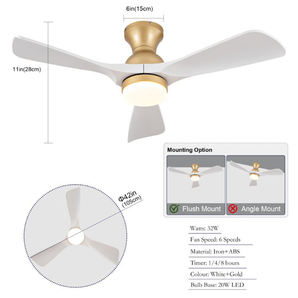 English Elm 42-Inch Flush Mount Ceiling Fan with Dimmable LED Light Remote and Six Speed DC Motor Gold+White W2991P494031