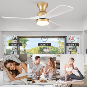 English Elm 42-Inch Flush Mount Ceiling Fan with Dimmable LED Light Remote and Six Speed DC Motor Gold+White W2991P494031