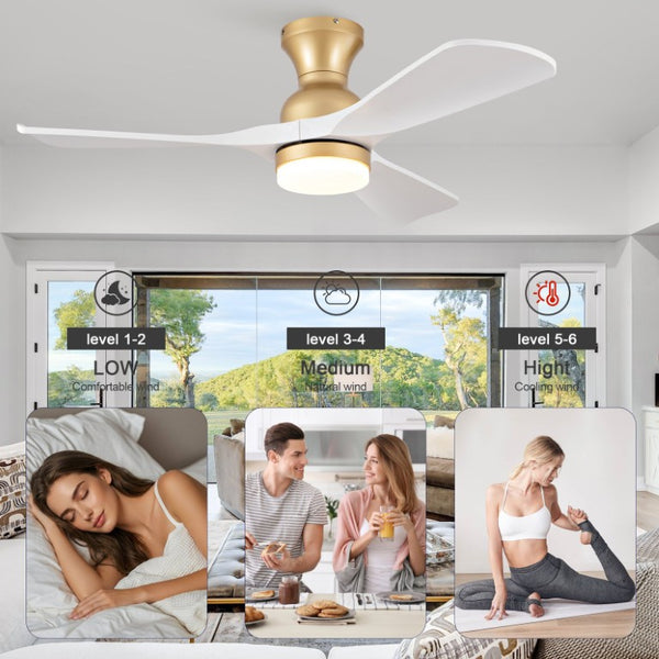 English Elm 42-Inch Flush Mount Ceiling Fan with Dimmable LED Light Remote and Six Speed DC Motor Gold+White W2991P494031