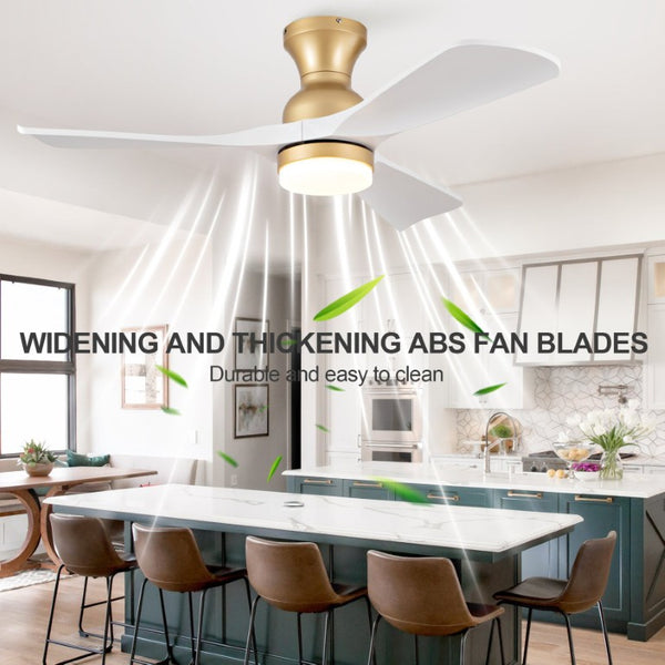 English Elm 42-Inch Flush Mount Ceiling Fan with Dimmable LED Light Remote and Six Speed DC Motor Gold+White W2991P494031