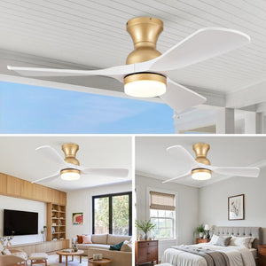 English Elm 42-Inch Flush Mount Ceiling Fan with Dimmable LED Light Remote and Six Speed DC Motor Gold+White W2991P494031