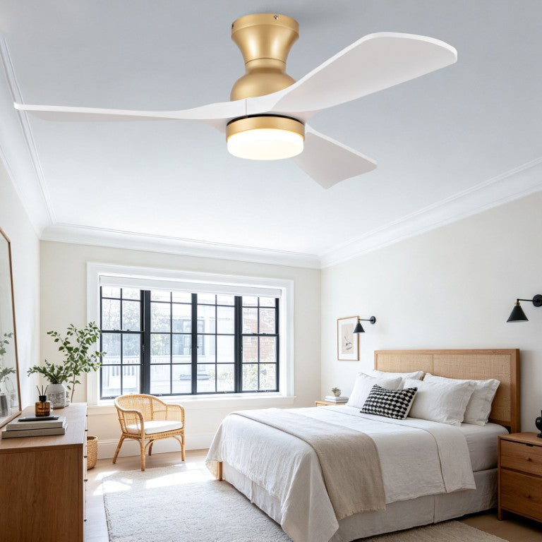 English Elm 42-Inch Flush Mount Ceiling Fan with Dimmable LED Light Remote and Six Speed DC Motor Gold+White W2991P494031
