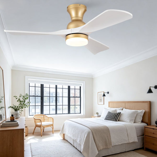 English Elm 42-Inch Flush Mount Ceiling Fan with Dimmable LED Light Remote and Six Speed DC Motor Gold+White W2991P494031