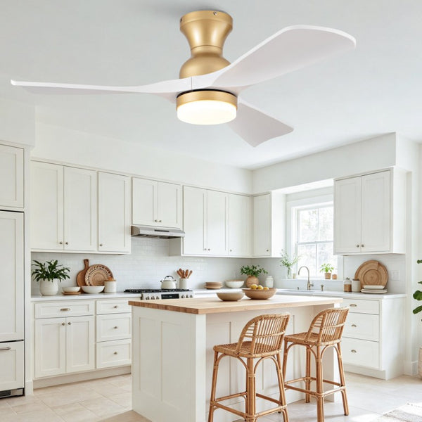 English Elm 42-Inch Flush Mount Ceiling Fan with Dimmable LED Light Remote and Six Speed DC Motor Gold+White W2991P494031