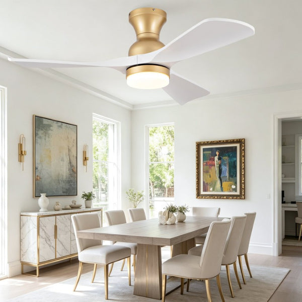 English Elm 42-Inch Flush Mount Ceiling Fan with Dimmable LED Light Remote and Six Speed DC Motor Gold+White W2991P494031