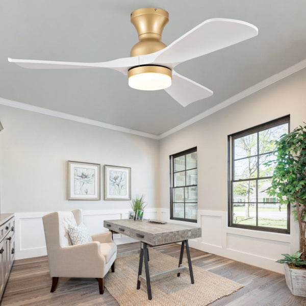 English Elm 42-Inch Flush Mount Ceiling Fan with Dimmable LED Light Remote and Six Speed DC Motor Gold+White W2991P494031
