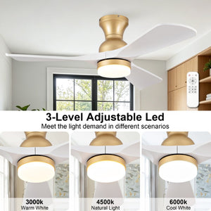 English Elm 42-Inch Flush Mount Ceiling Fan with Dimmable LED Light Remote and Six Speed DC Motor Gold+White W2991P494031