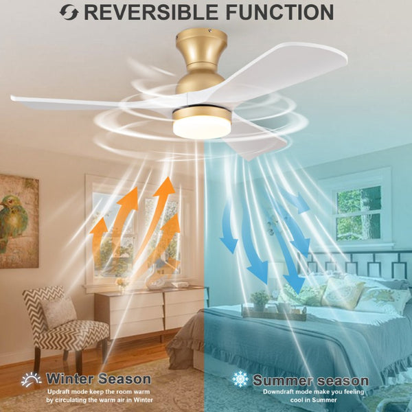 English Elm 42-Inch Flush Mount Ceiling Fan with Dimmable LED Light Remote and Six Speed DC Motor Gold+White W2991P494031
