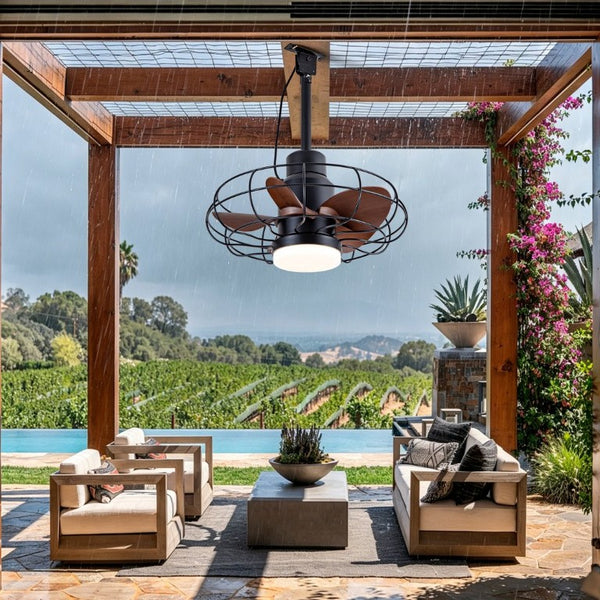English Elm 20 Inch Outdoor Caged Ceiling Fan with Integrated Light IP65 Waterproof Patio Plug In W2991P494037