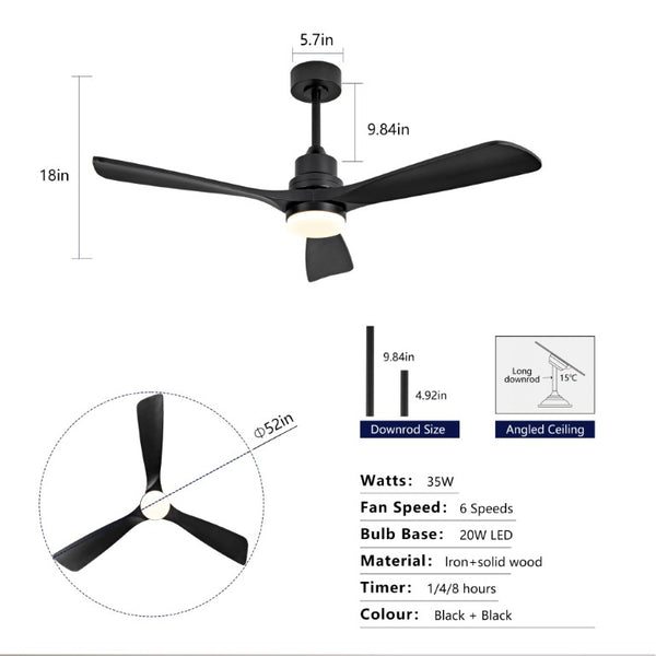 English Elm Hot 52 Inch Matte Black Ceiling Fan Solid Wood Blades Dimmable LED Reversible DC Motor W2991P494053