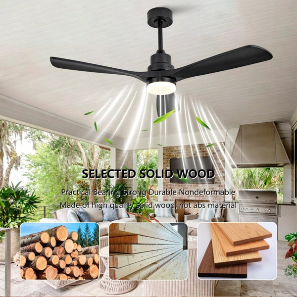 English Elm Hot 52 Inch Matte Black Ceiling Fan Solid Wood Blades Dimmable LED Reversible DC Motor W2991P494053