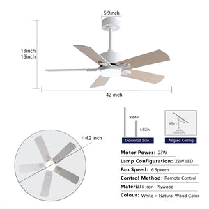 English Elm 42-Inch Flush Mount Ceiling Fan Dimmable LED Remote 6-Speed Reversible Wood Blades W2991P494068