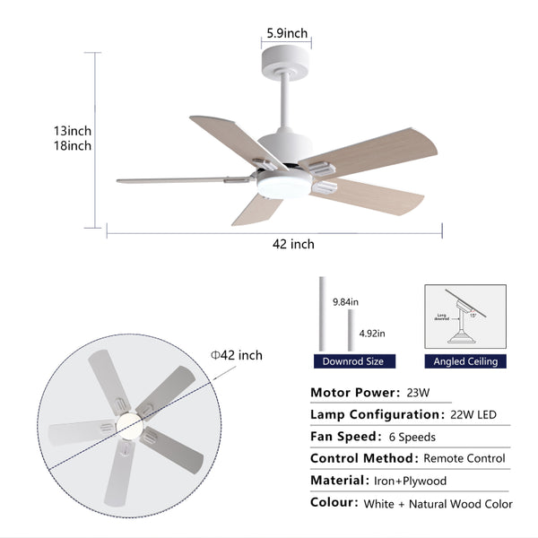 English Elm 42-Inch Flush Mount Ceiling Fan Dimmable LED Remote 6-Speed Reversible Wood Blades W2991P494068