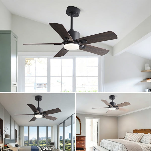 English Elm 52 Inch Matte Black Ceiling Fan with Walnut Blades Remote LED Light Indoor Outdoor W2991P494070