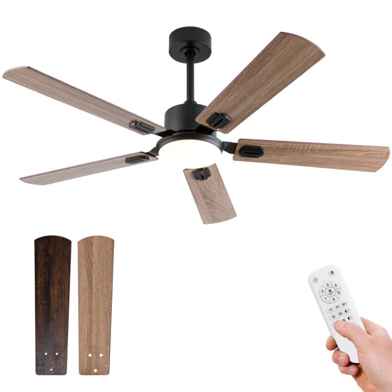 English Elm 52 Inch Matte Black Ceiling Fan with Walnut Blades Remote LED Light Indoor Outdoor W2991P494070