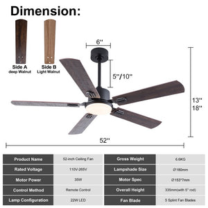 English Elm 52 Inch Matte Black Ceiling Fan with Walnut Blades Remote LED Light Indoor Outdoor W2991P494070