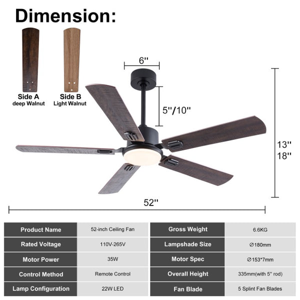 English Elm 52 Inch Matte Black Ceiling Fan with Walnut Blades Remote LED Light Indoor Outdoor W2991P494070