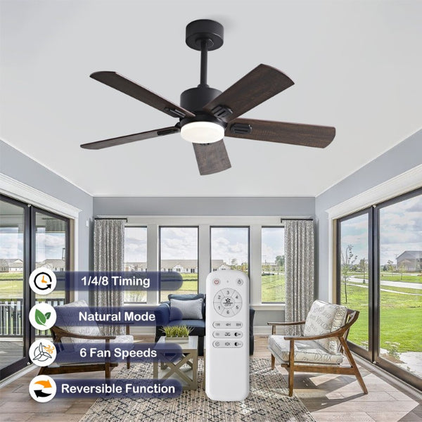 English Elm 52 Inch Matte Black Ceiling Fan with Walnut Blades Remote LED Light Indoor Outdoor W2991P494070