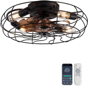 English Elm 19-Inch Matte Black Wrought Iron Cage Ceiling Fan with App Remote Six Speed Control W2991P521138