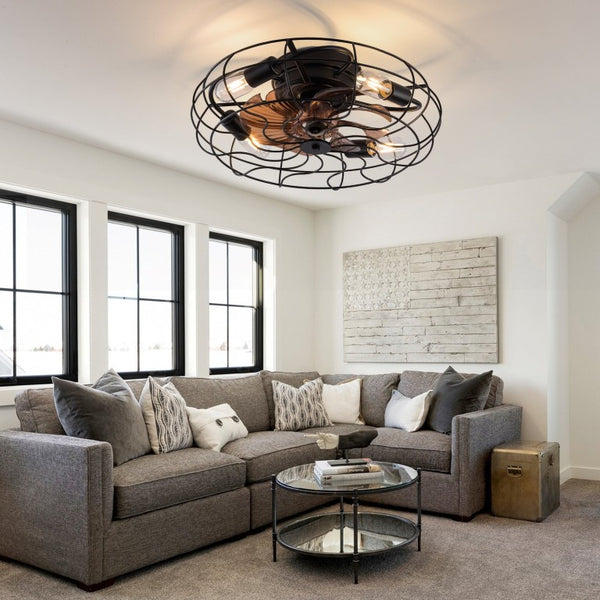 English Elm 19-Inch Matte Black Wrought Iron Cage Ceiling Fan with App Remote Six Speed Control W2991P521138