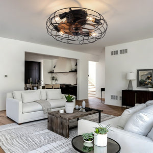 English Elm 19-Inch Matte Black Wrought Iron Cage Ceiling Fan with App Remote Six Speed Control W2991P521138