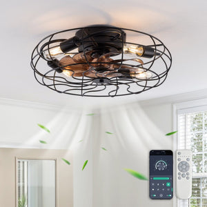 English Elm 19-Inch Matte Black Wrought Iron Cage Ceiling Fan with App Remote Six Speed Control W2991P521138