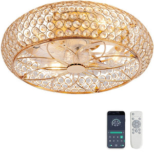 English Elm 19-Inch Crystal Cage Ceiling Fan Gold Glam Flush Mount with App Remote Bedroom W2991P521166