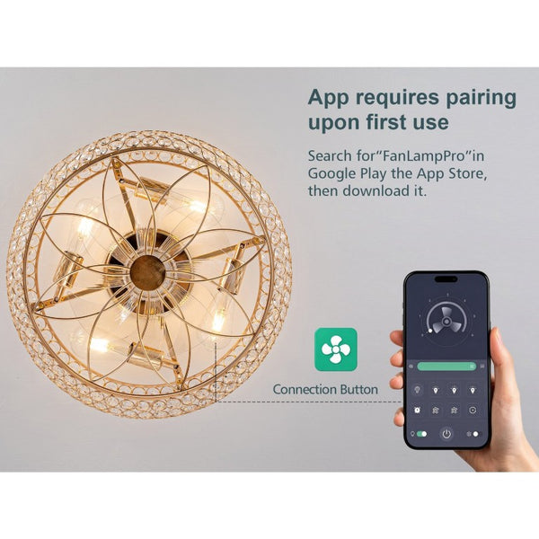 English Elm 19-Inch Crystal Cage Ceiling Fan Gold Glam Flush Mount with App Remote Bedroom W2991P521166