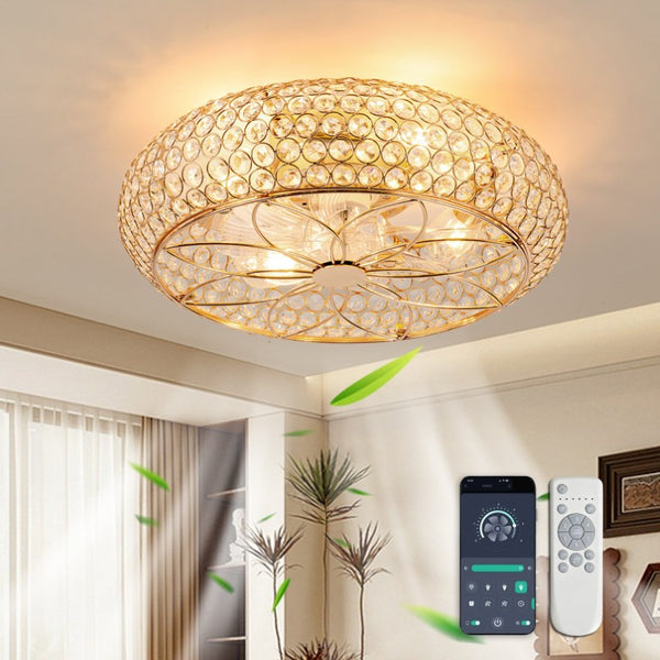 English Elm 19-Inch Crystal Cage Ceiling Fan Gold Glam Flush Mount with App Remote Bedroom W2991P521166